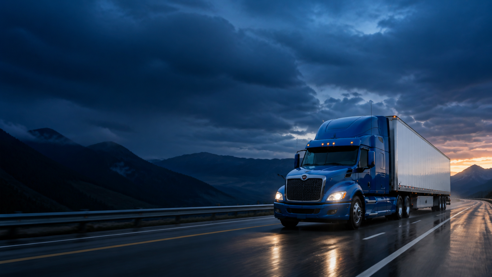 Blue semi-truck traveling on a wet mountain highway